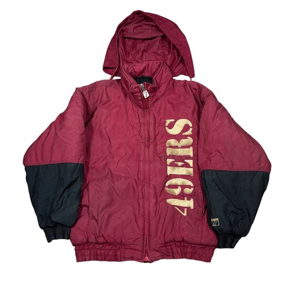 Vtg 90’s San Francisco 49ers Logo 7 Game Day Puffer Jacket Hood Sz M‎ Black/Red - Picture 1 of 16